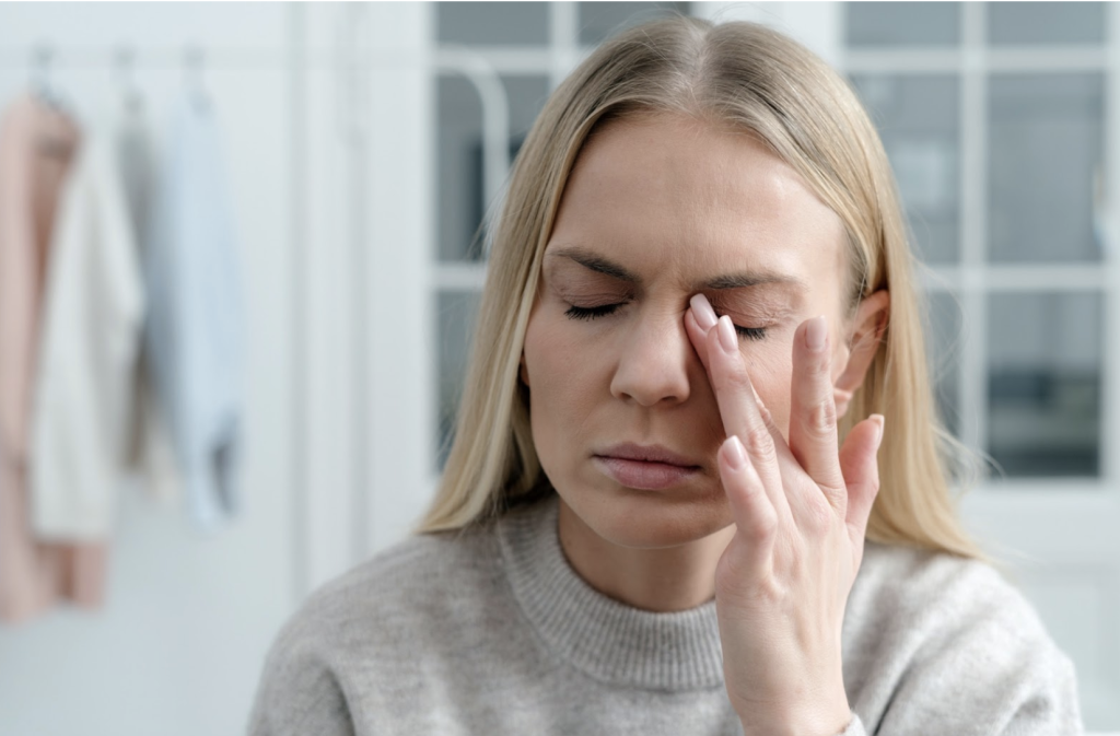 woman rubbing her eyes due to blurry vision